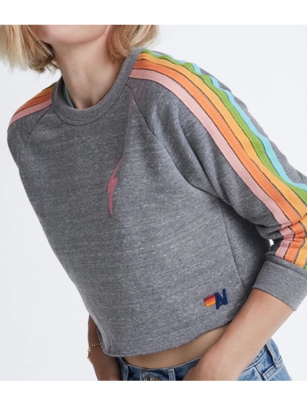 Aviator Nation Gray Cropped Sweatshirt Size XS Pastel 5 Stripe Pink Bolt Blue